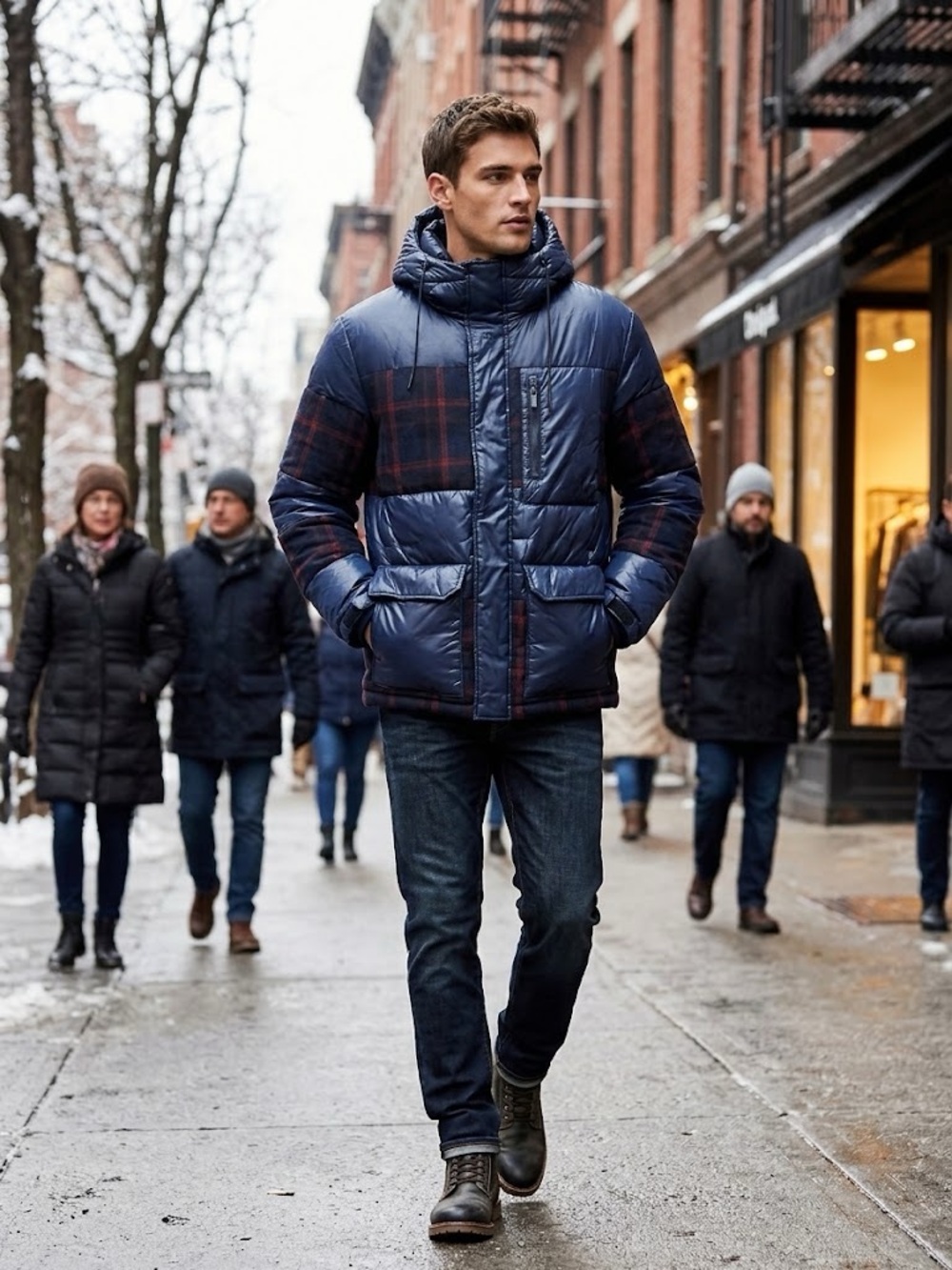 Desigual Men’s Navy Plaid Quilted Patchwork Puffer Jacket with Hood